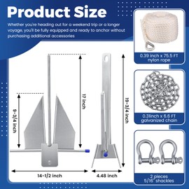Yaocom 10 LB Heavy Duty Boat Anchor Kit Fluke Style Anchor with Chain, Rope and Shackle Anchoring Accessories for Boats Pontoon, Deck, Sail, Fishing, Portable Hot Dipped Anchoring Kit