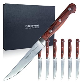 Hausavant Steak Knives Set of 6, German High Carbon Stainless Steel Steak Knives, 4.8 Inch Serrated Steak Knife with Wood Handle, Dinner Knives Set with Gift Box