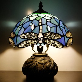 Small Tiffany Table Lamp Blue Dragonfly Style Stained Glass Desk Lamp 10X11.5 Inch Mushroom Table Light for Office Home Living Room Bedroom