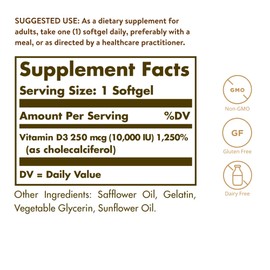 Solgar Vitamin D3 Cholecalciferol 250 MCG 10000 IU Softgels Helps Maintain Healthy Bones Teeth Immune System Support Non-GMO Gluten, Dairy Free Servings, 180 Count