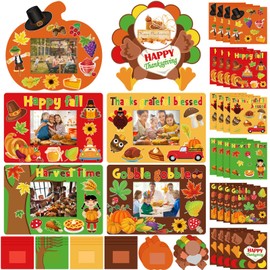 48 Pcs Autumn Thanksgiving Picture Frame Craft for Kids Fall Maple DIY Craft Picture Frame Pumpkin Turkey Sunflower Stickers for Thanksgiving Party Favors Harvest Kids Classroom Activities(24 Set)
