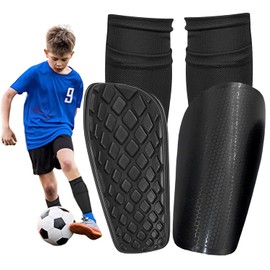 Football Shin Pads for Kids, Youth & Adults with Non-Slip Insert Pocket and Calf Sleeves, Protective Equipment for Soccer, Suitable for Boys & Girls Age 5-12. (M (7.28 x 3.54in), Black)