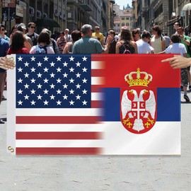 3×5 FT USA Serbia Combo Flag,Large Serbian Friendship Decor,Double Side Digital Printed 150D Polyester Banner With Canvas Header Brass Grommet For Outdoor Indoor Parade Car
