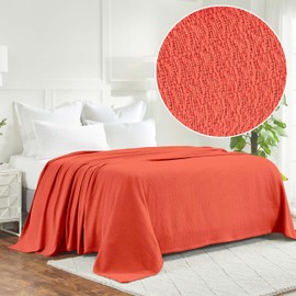 Superior Waffle Weave Cotton Blanket, for Picnic, Beach, Traveling or Camping, Comfy Blanket, Bedroom Decor, Essentials, Cover for Bed, Couch, Lounging, Honeycomb Knit, Full/Queen, Coral