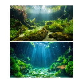 2 Pack Ocean Floor Aquarium Background Underwater World Aquatic Plants Terrarium Backdrop Cave Sunlight Fish Tank Background Rock with Moss Sunlight Rays Aquarium Wallpaper Poster Decor 36x18in