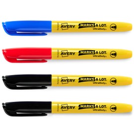 AVERY Marks A Lot UltraDuty Permanent Markers, 1mm Bullet Tip, Water Resistant, Multi-Surface, Works on Wet and Oily Surfaces, 2 Black, 1 Red, 1 Blue per Pack