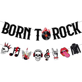 Rock and Roll Party Banner Decoration,Born to Rock Glitter Banner Garland Music Theme Skull Music Note Guitar Hanging Bunting Banner Party Backdrop for 50s Rock Music Party Decoration Supplies