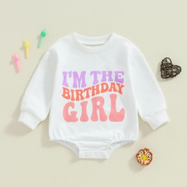 Kayotuas First Birthday Outfit Baby Boy Girl Bubble Romper Birthday Letter Long Sleeve Sweater Crewneck Sweatshirt Bodysuit (White I'm The Birthday Girl, 6-12 Months)