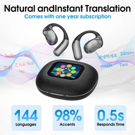 AI Language Translator Earbuds, OWS Real-Time Headphones Translator for 144 Languages & Accents, LCD Touch Screen Two Way Translation Device Fit iOS and Android for Travel Business Meetings Learning
