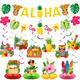 JarThenaAMCS Hawaiian Aloha Party Decorations Tropical Luau Paper Banner Hanging Swirls Honeycomb Centerpieces for Luau Birthday Summer Beach Pool Party Decor