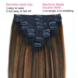 Mihugass Yaki Straight Clip ins Real Human Hair Extensions For Women Highlight Hair Extensions Yaki Straight Clip in Hair Extensions(14inch,T1BP1B/30)
