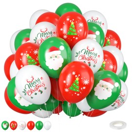 Chirstmas Balloons, 12 Inch Green Red White Merry Chirstmas Printed Balloons Merry Chirstmas Tree Santa for Chirstmas Party Decorations Celebration Party Balloons with Ribbon