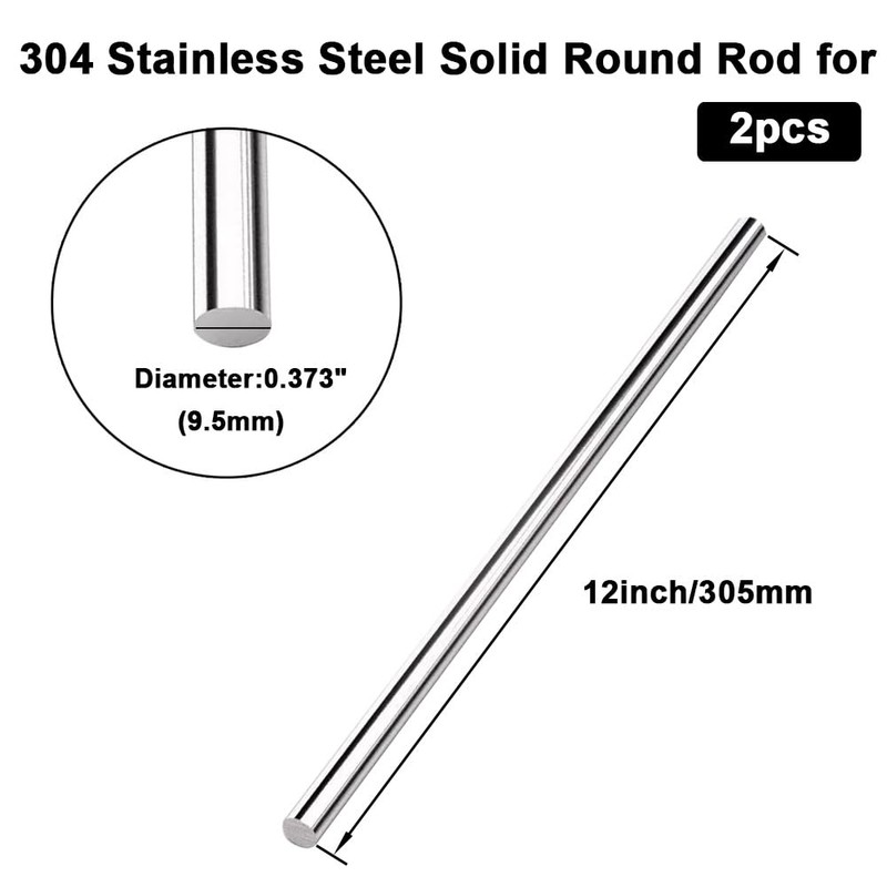 12 inches Long 3/8" Diameter 304 Stainless Steel Solid Round