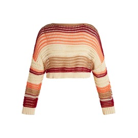 BEAUDRM Women's Plus Size Color Block Striped Hollow Out Crop Sweater Long Sleeve Knit Pullover Tops Orange Red White XX-Large Plus