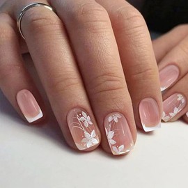 24 Pcs French False Nails White Tip,Square Short Press on Nails with Designs Glossy Full Cover False Nail Elegant Flower Glue on Artificial Nails Manicure for Women and Girls