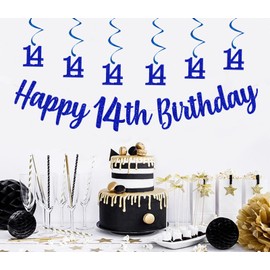 bng-bng 14th Birthday Decorations Happy 14th Birthday Bunting Banner And Hanging Swirls Streamers 14 banner For Boys 14 Years Old Birthday Decorations Party Decor Blue