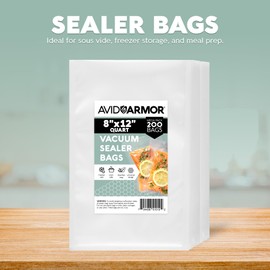 Avid Armor Vacuum Sealer Bags 200 Quart 8x12" For Food Saver, Commercial Grade, BPA Free, Heavy Duty, Pre-cut, for Vac Storage, Meal Prep, Sous Vide, or Dehydrated Freeze Dried Foods