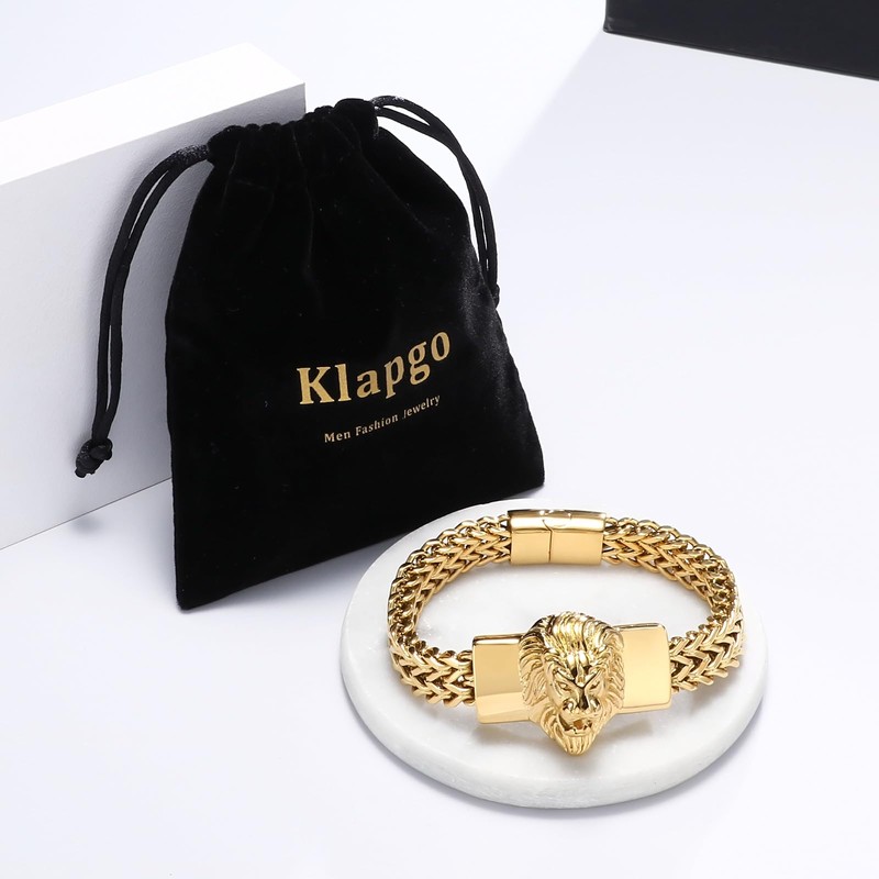 Klapgo Lion Head Men's Bracelet Gold Tone Stainless Steel Cuban