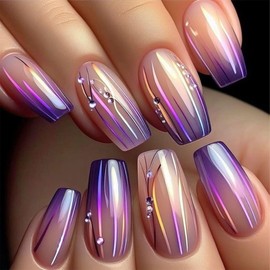 Purple Press on Nails Short Coffin Fake Nails with Color Lines Rhinestone Designs Spring Summer Acrylic Nails Glossy Glue on Nails Ombre False Nails Artificial Stick on Nails for Women 24 Pcs