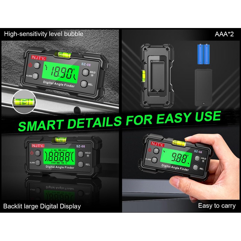 NJTY Digital Inclinometer with Backlit Display, ±0.3° Accuracy, Dual Magnetic