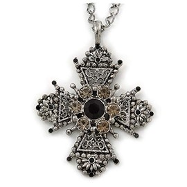 Vintage Inspired Filigree Diamante 'Cross' Pendant with Silver Tone Oval Link Chain - 40cm Length/ 6cm Extender