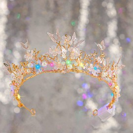 Yean Light Up Butterfly Headband Gold Tiara Headwear Fairy Hair Accessories for Women (Gold-Color Light, One Size)
