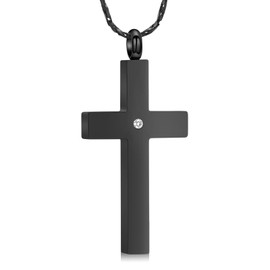 AIWENXI Crystal Cross Necklace for Ashes Stainless Steel Keepsake Cremation Jewelry Religious Cross Memorial Urn Necklace for Pet Human Ashes Gifts, Cubic Zirconia, No Gemstone, Black