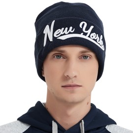 New York 3D Embroidery Classic Cuffed Knit Hat Beanie Toque Skull Cap - Navy OneSize