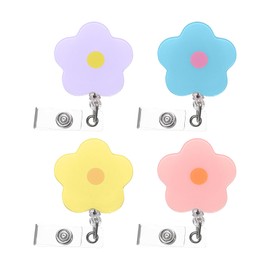 sourcing map 4pcs Cute Flower Badge Reel Retractable Floral ID Badge Reel Name Tag Badge Holder Clip with Clips and Retractable Cord for Office Teacher, 4 Colors