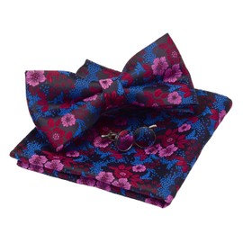 GUSLESON Pink Red Floral Bow Ties for Men Silk Pre-tied Bow tie and Pocket Square Cufflink Set(0582-11)