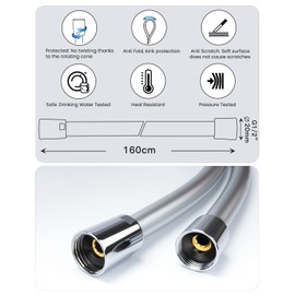 YEAUPE Shower Hose 1.6 m with Twist Protection 160 cm Standard 1/2 Inch Connection, Flexible and Kink Resistant, Drinking Water Tested & Pressure Tested Silver, Silver