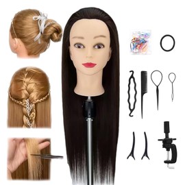28" Braiding Practice Mannequin Head with 60% Human Hair - Includes 9 Hairdressing Tools & Clamp Stand, Ideal for Hair Styling, Cosmetology Training & Makeup Styling Practice (Dark Brown)