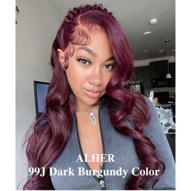 ALHER #99j Dark Burgundy Bundles Body Wave, 10A Burgundy Purplish Wine Red Colored 3 Pack for Black Women, 100% Unprocessed Virgin Remy Hair Soft Thick Bundles 16 18 20 Inch