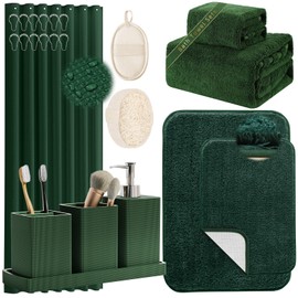 Green Bathroom Set, Dark Green Bathroom Accessories Set with Shower Curtain and Rugs, Bath Towel Sets, Natural Loofah Sponge, Soap Dispenser, Toothbrush Holder, Toothbrush Cup and Tray for Bathroom