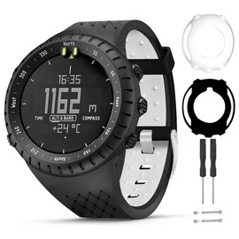 T-BLUER Watch Band Compatible for Suunto Core Bracelet, Silicone Replacement Strap and Full Protective Case for Suunto Core Smart Watch, Black/White, Tough,Durable,Flexible,Soft