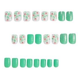 Green Press on Nails Short Square Fake Nails with Floral designs Acrylic Nails Glitter Stick on Nails Glossy Cute False Nails Full Cover Reusable Glue on Nails for Women Summer Manicure Art24pcs