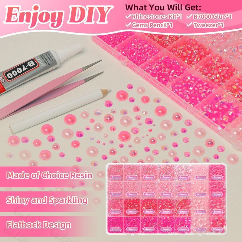 14000Pcs Pink Flatback Rhinestones and Pearls for Bedazzling Kit