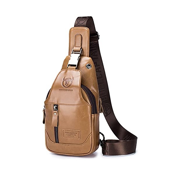 BULLCAPTAIN Genuine Leather Men's Sling Shoulder Backpack Multi-pocket Crossbody Chest Bags Travel Hiking Daypack with Earphone Hole (Yellowish brown)
