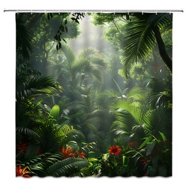AMFD Jungle Shower Curtain Tropical Rainforest Plam Leaf Forest Flower Nature Scenery Summer Landscape Bathroom Curtains Decor Fabric Set Include Hooks,(70" WX70 H)