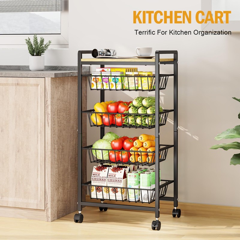 TOOLF 5-Tier Kitchen Cart with Tabletop, Rolling Snack Cart with