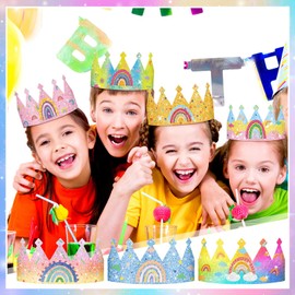 Sinmoe 32 Pcs Rainbow Birthday Party Crown for Kids Birthday Party Hats Rainbow Glitter Decorations Paper Crowns Headband for Girls Birthday, Rainbow Party Supplies, Classroom Activities,12 Styles