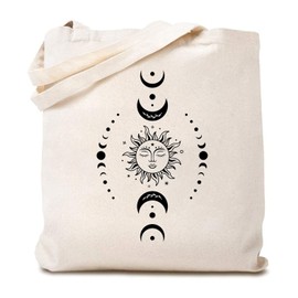 TSIIUO Women's Celestial Sun and Moon Boho Canvas Tote Bag Funny Moon Phase Lover Reusable Shopping Canvas Bag White
