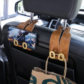 Car Headrest Hooks 2 Pack - Universal Premium Leather and Zinc Alloy - Alloy Car Seat Back Storage Hook for Purses Handbags Cloth Drink - Durable Car Accessories for Women Men (BH09-Brown-Gold)