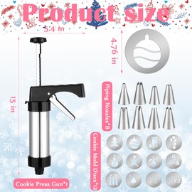 Reallnaive Christmas Cookie Press Set Includes Stainless Steel Cookie Press Gun 12 Cookie Press 8 Discs Icing Nozzles 5 Cleaning Brush Cookie Maker for Baking Holiday Cakes Christmas Birthday