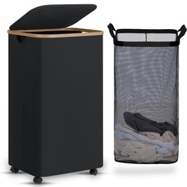 efluky Laundry Basket with Wheels, Tall Rolling Laundry Hamper with Lid and Removable Bag, Aesthetic Dirty Clothes Hamper on Wheels for Laundry Room, Bedroom, Dorm and Bathroom, 100L Dark Black