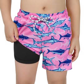 Century Star Boys Swim Trunks with Compression Liner Quick Dry Boys Bathing Suit Toddler Swim Trunks Beach Board Shorts Swimwear Pink Shark 7-8 Years