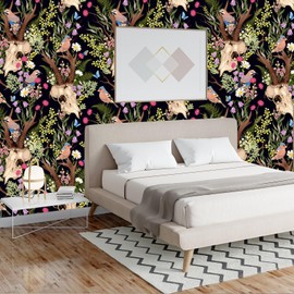 XiRiDa Peel and Stick Wallpaper Deer Skull, Boho Floral Wallpaper DIY Decor, 17.7"×118"