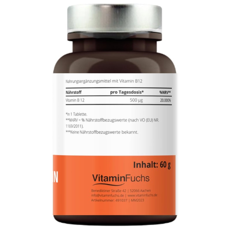 Super Vitamin B12 Lutschtabletten hochdosiert mit Methylcobalamin und Orangengeschmack, Energie