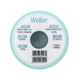 Weller WSW SAC L0 (T0051388499) Lead Free Solder Wire, Dia: 0.5 mm / 0.020 in, Wt: 100 g / 3.527 oz, Alloy Sn96.5Ag3.0Cu0.5, Flux content 3.5%