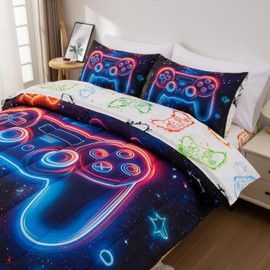 Meeting Story Gaming Bedding Set Full, 3D Game Controller Design Full Comforter, Space Comforter Set for Boys(Bluepurple)